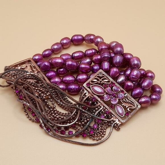 Pink Dyed Pearl Rhinestone Bracelet, Rose Gold Tone Chains, Pink Rhinestones, 7" - Picture 9 of 10